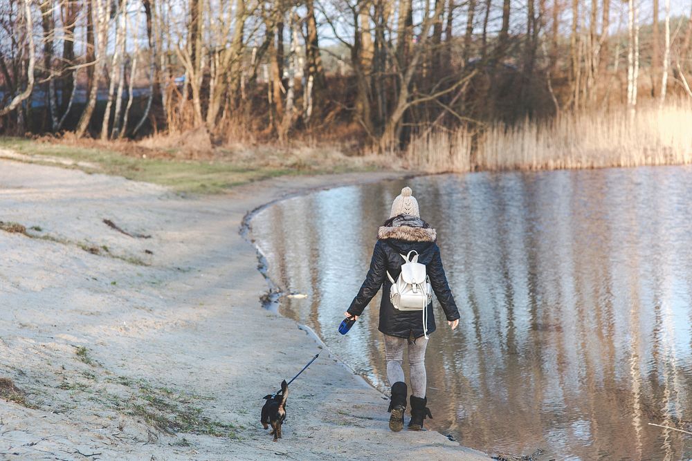 Girl walking her dog by a lake. Visit Kaboompics for more free images.