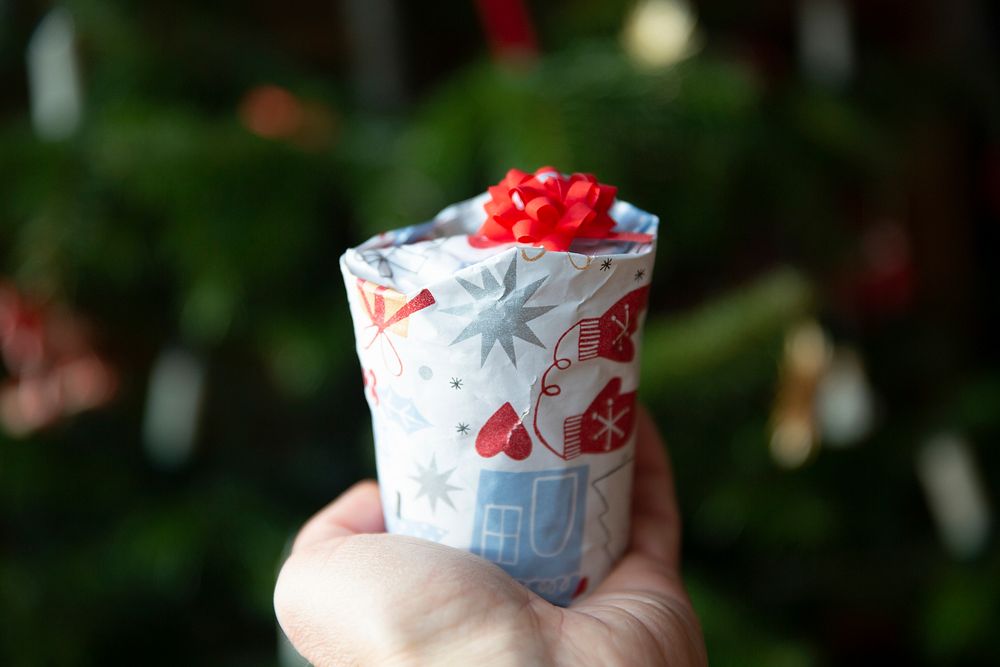 Hand holding a wrapped gift with a ribbon