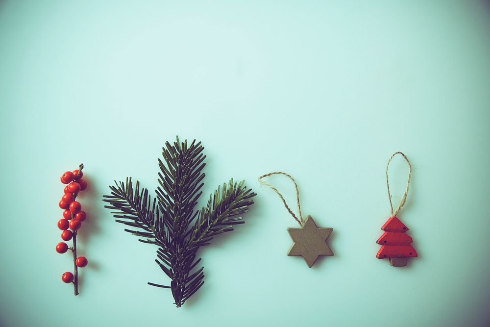 Christmas tree ornaments flat lay