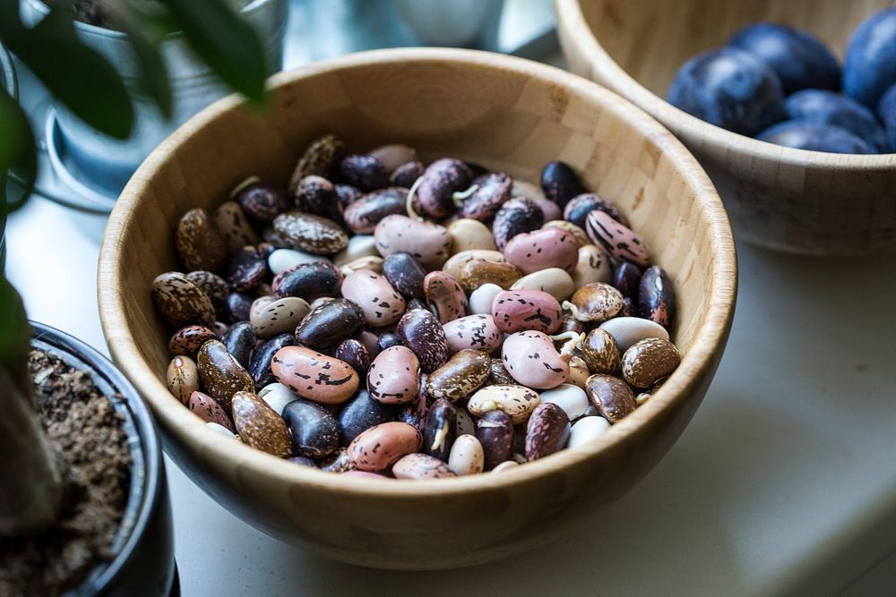 Assorted beans in a wooden bowl