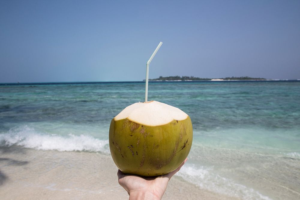 Woman holding a coconut at the beach