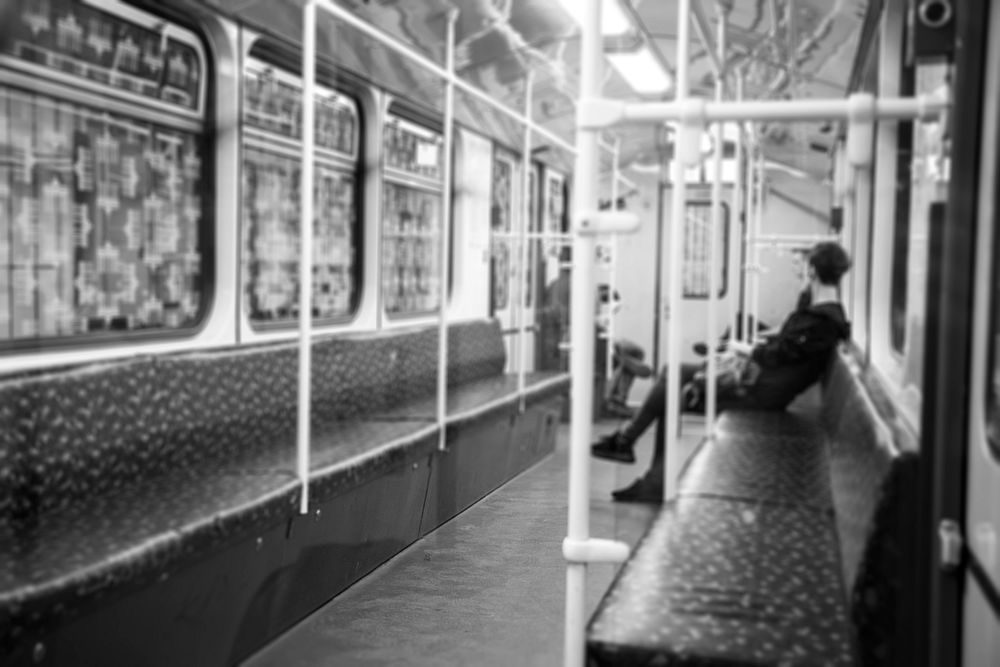 Black and white interior of a public train