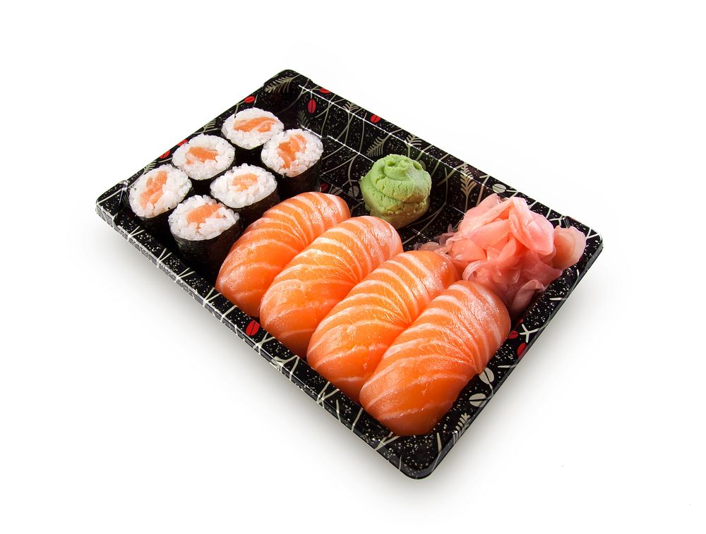 Salmon sushi rolls in a box