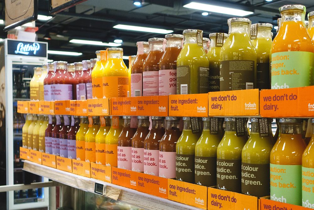 Bottles of fruit juice in a supermarket