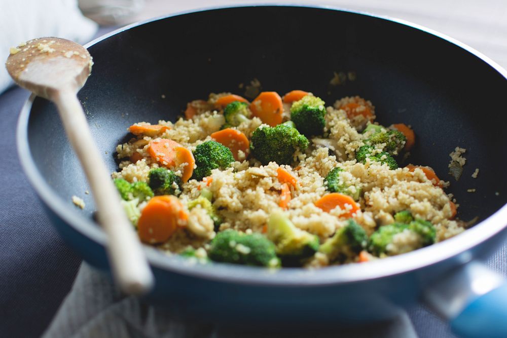 Healthy Couscous and vegetables in a pan