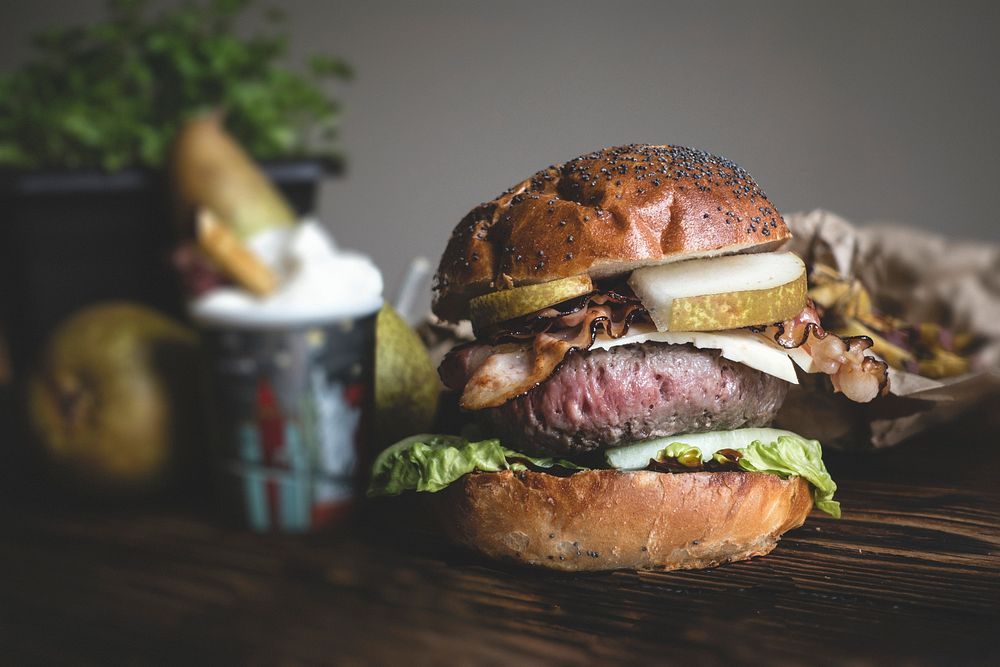 Burger with pears and  bacon food photography