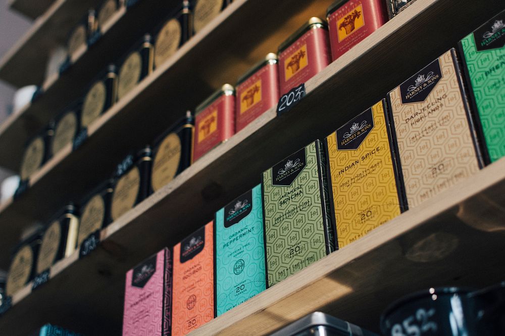 Premium boxes of tea on shelves