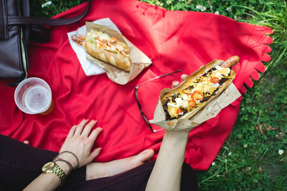 Beef hot dog at a picnic