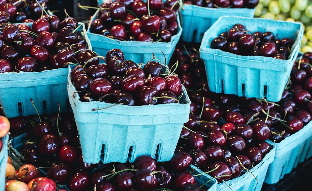 Dark red cherries at a market