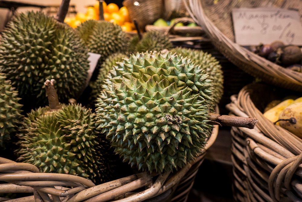 Closeup of durians on sale