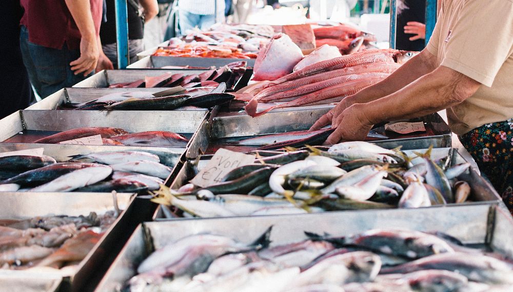 Fishmonger selling fish at a fish market