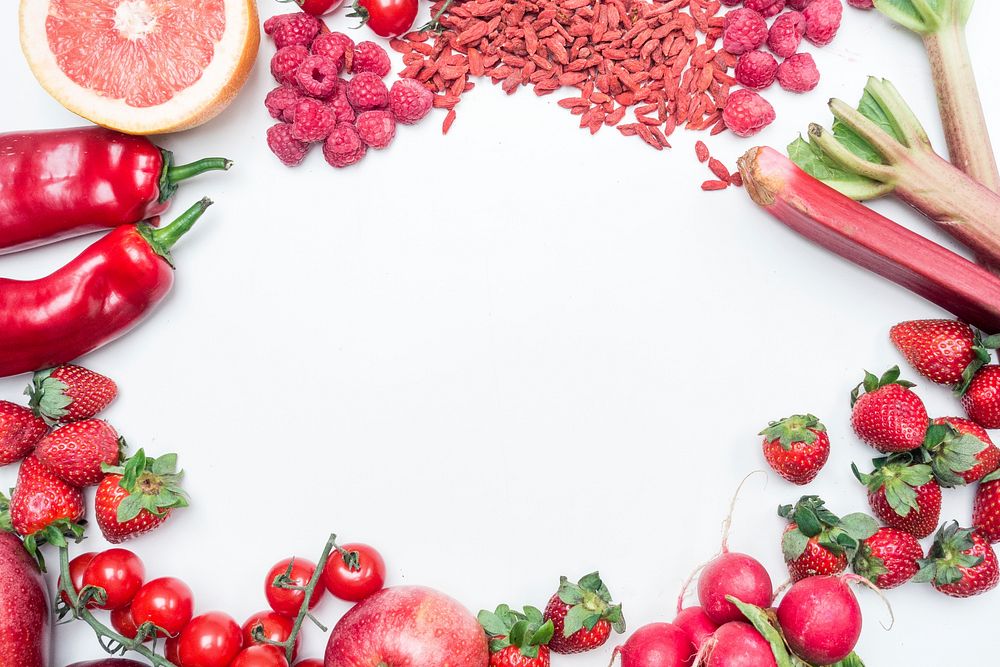 A variety of red fruits and vegetables