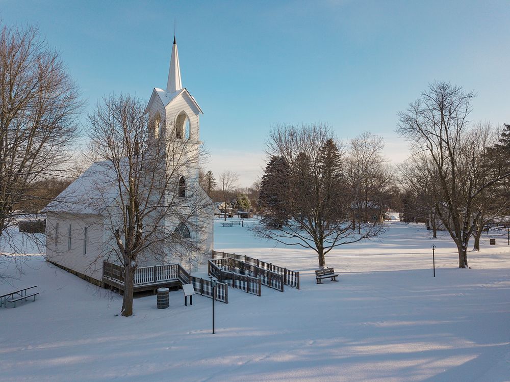 White chapel at Crossroads Village, Flint, Michigan