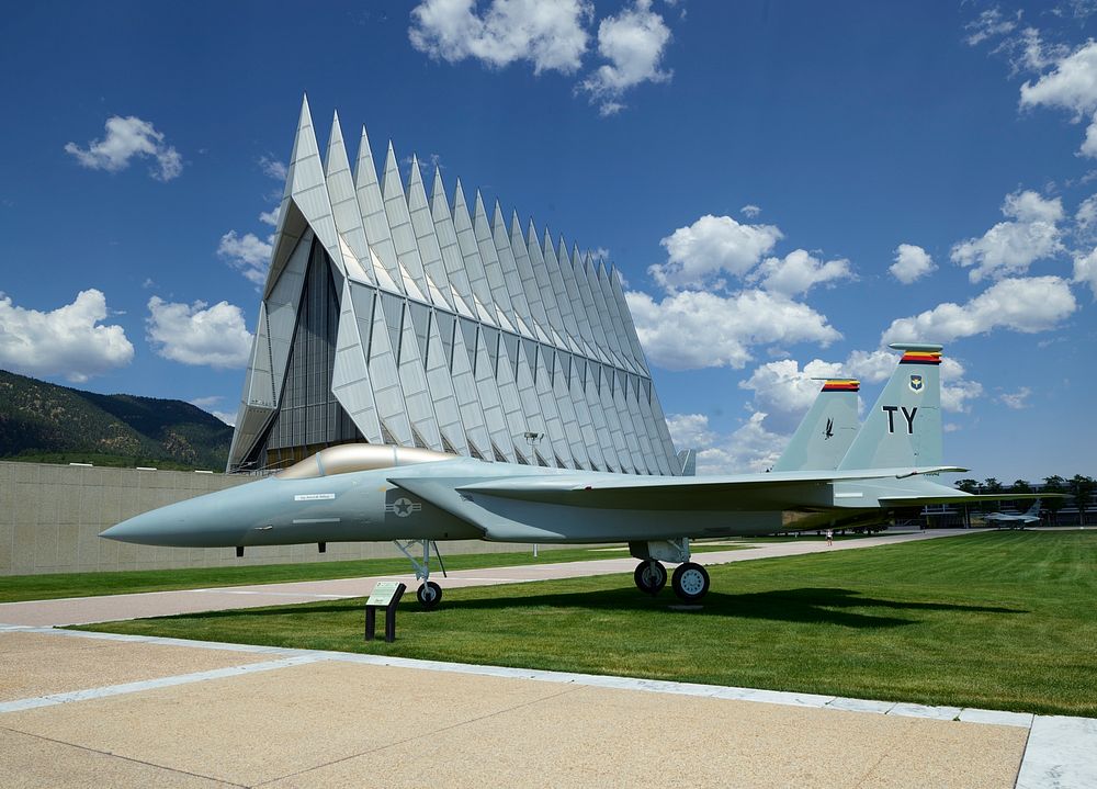 Fighter jet outside the United States Air Force Academy Cadet Chapel in Colorado Springs, Colorado. Original image from…