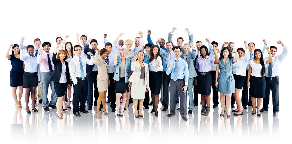 Studio portrait of a diverse group of business people with hands in the air