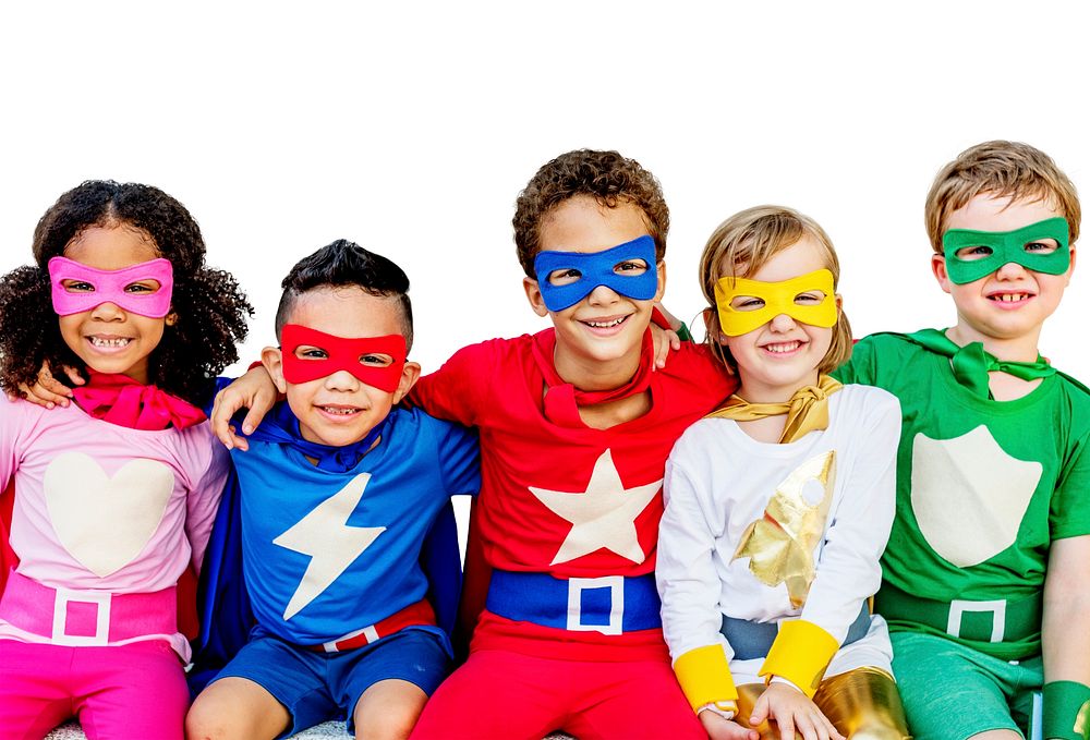 Smiling kids in colorful superhero costumes