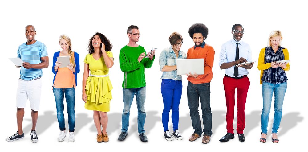 Group of diverse people holding digital devices