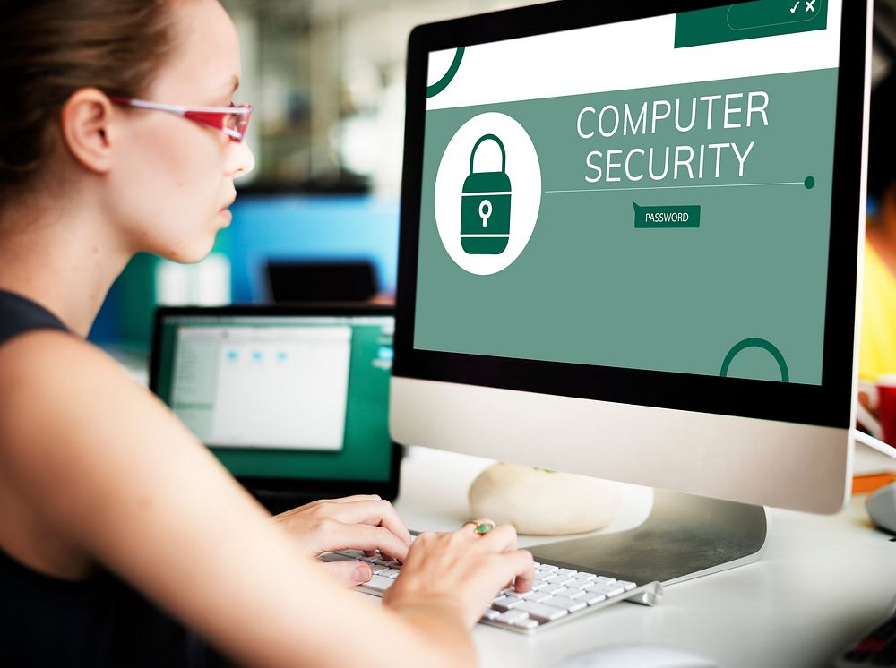 Woman with illustration of computer security system