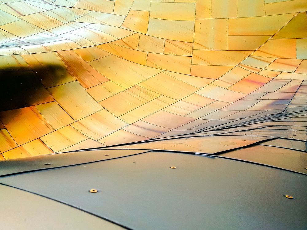 Undulating, many-shaped-and-colored metal panels.