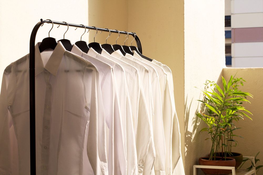 A rack of white collared shirts hangs ready for the week, free public domain CC0 image.