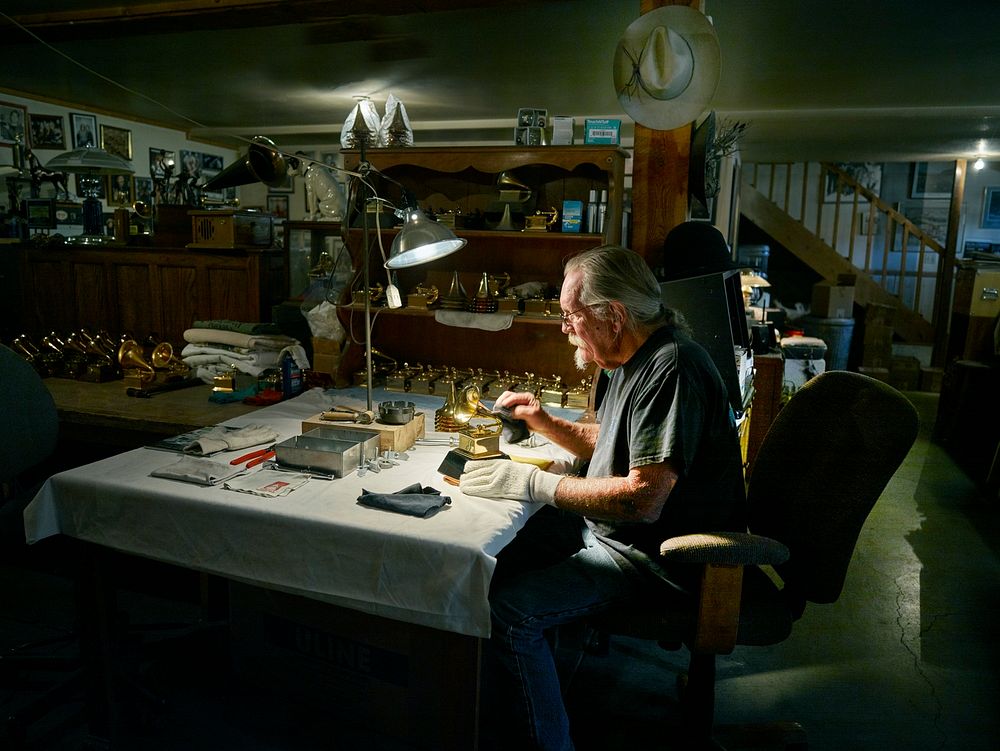 Artist and moldmaker John Billings works on the latest set of Grammy Award trophies, which he crafts in his Ridgway…