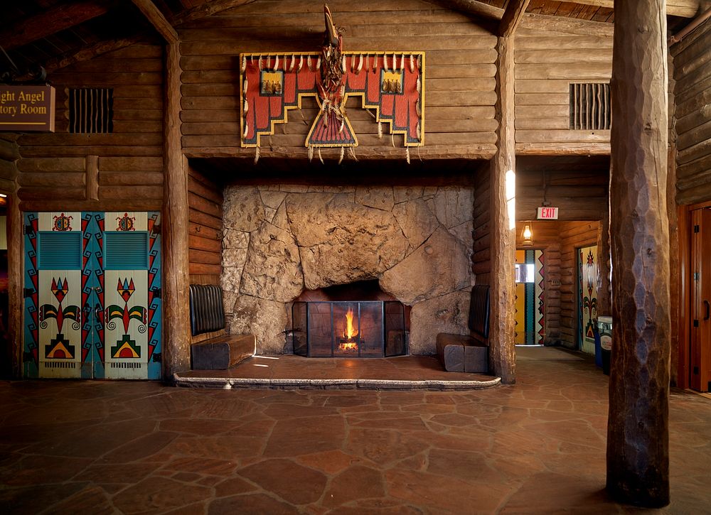 Lobby, including several Native American decorative touches, at the Bright Angel Lodge, which sits near the Bright Angel…
