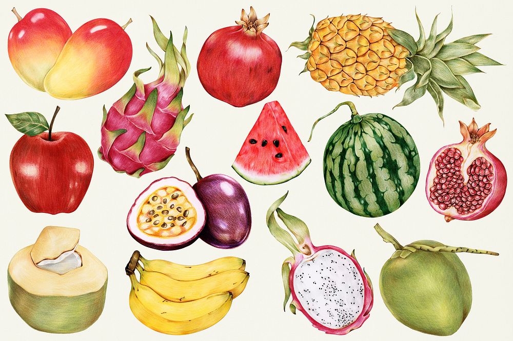 Hand drawn tropical fruits patterned background illustration