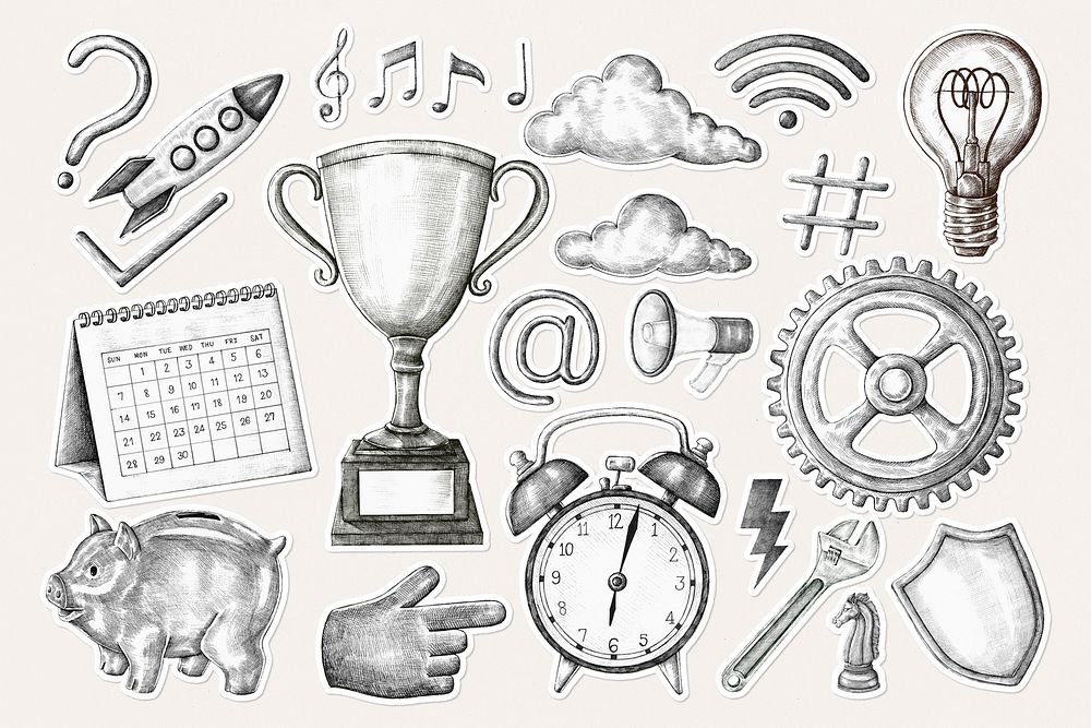 Psd grayscale hand drawn cartoon icon collection