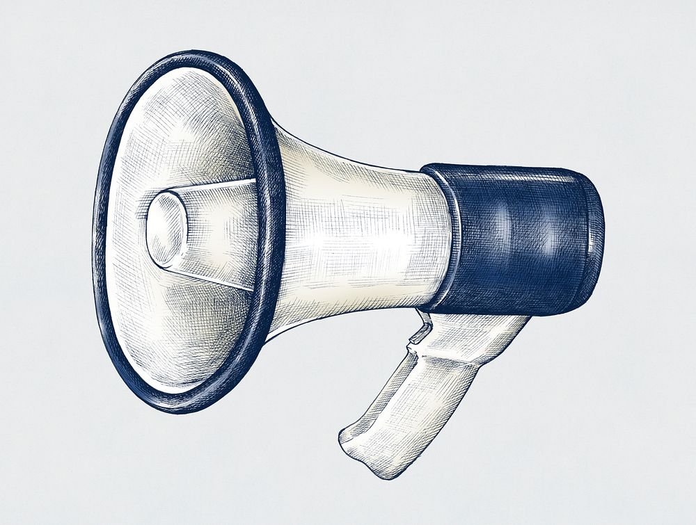 Hand-drawn blue megaphone illustration