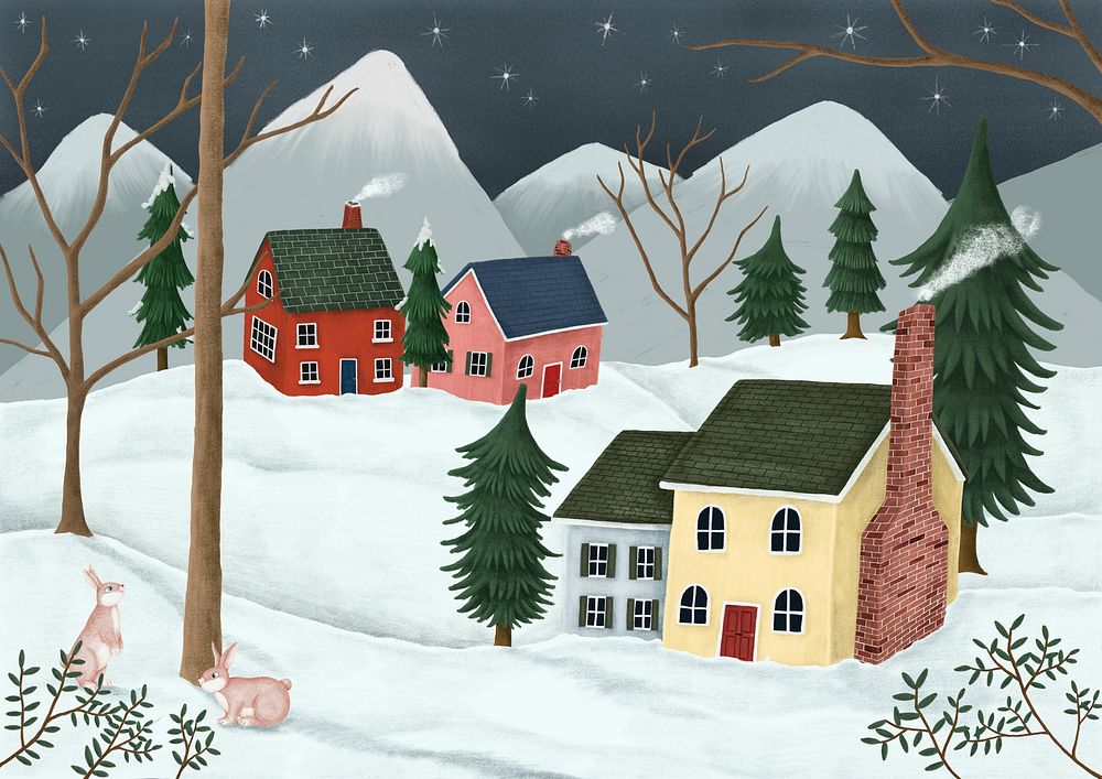 Hand-drawn village on a snowy night