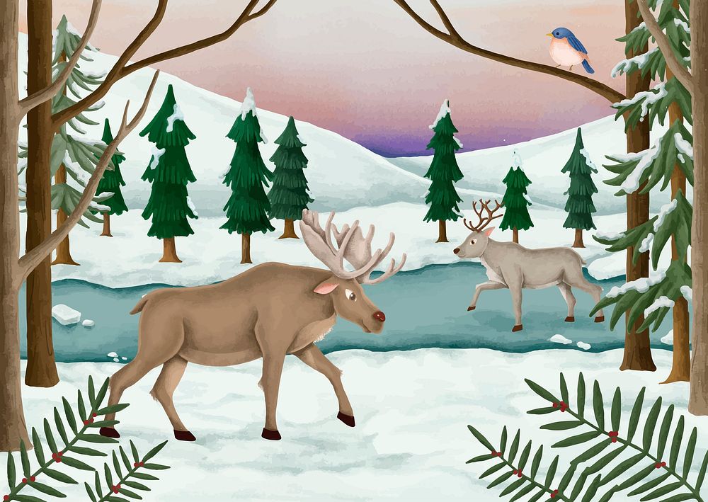 Hand-drawn moose and reindeer in a snow-covered forest