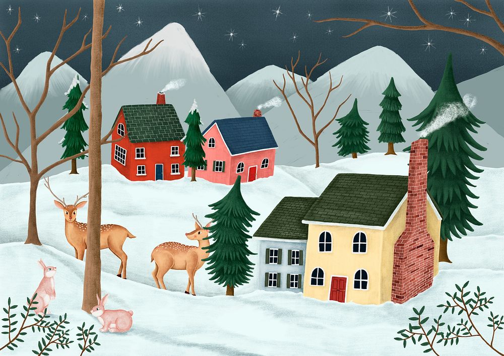 Hand-drawn village on a starry night with deer and rabbits in the neighborhood