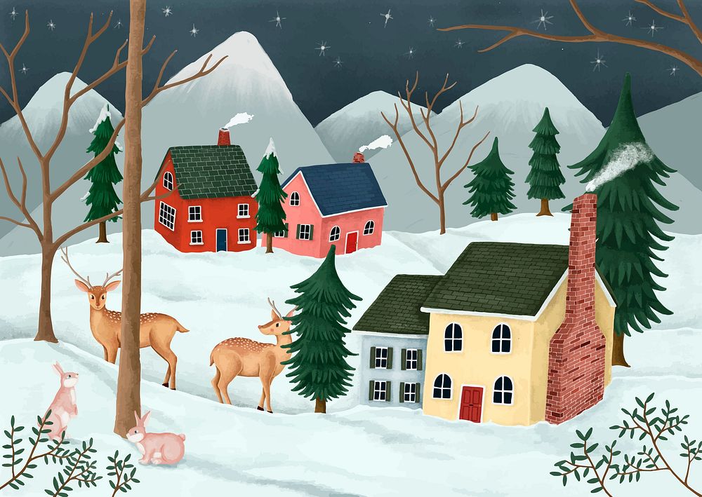 A village with animals and houses in snow