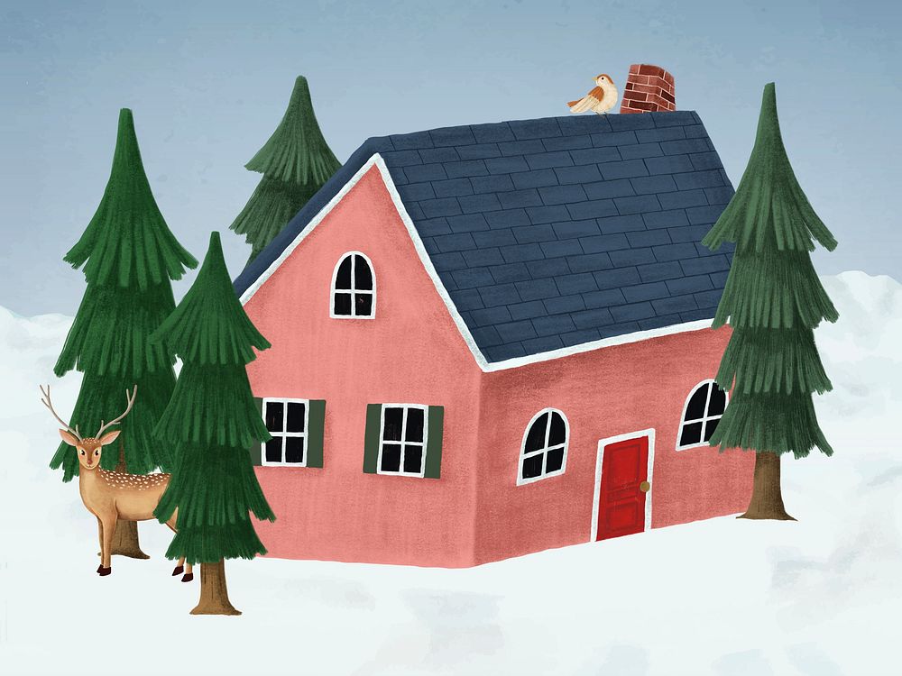 Hand-drawn red house on a white Christmas night