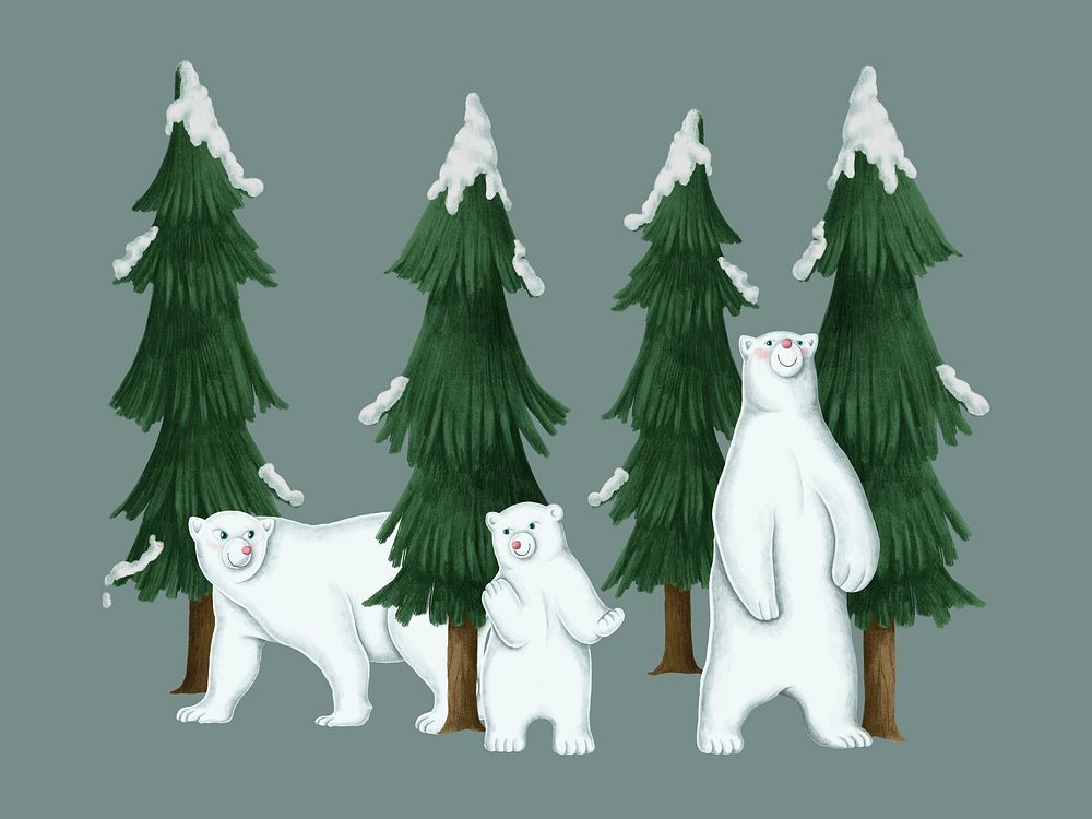 Hand-drawn family of white polar bears
