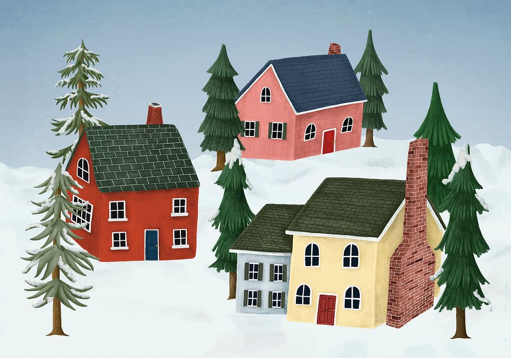 Hand-drawn countryside village covered in winter snow