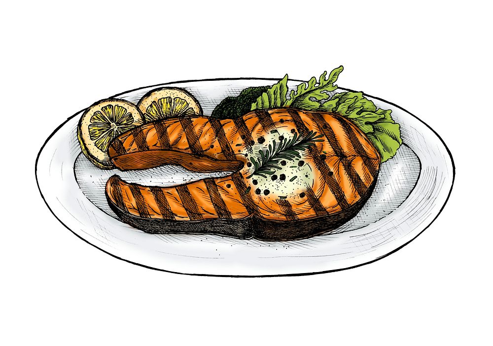 Hand drawn grilled fish steak