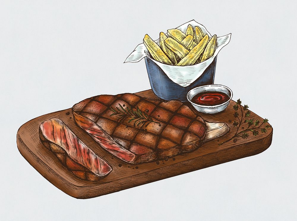 Drawing of steak with fries and ketchup