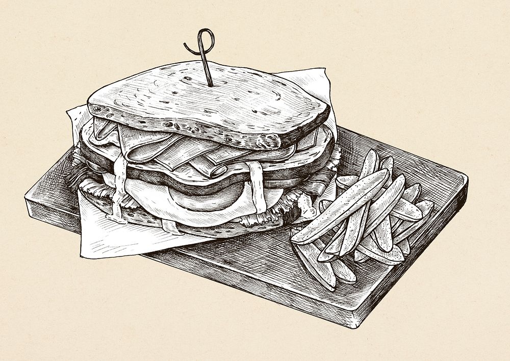 Hand-drawn club sandwich with fries