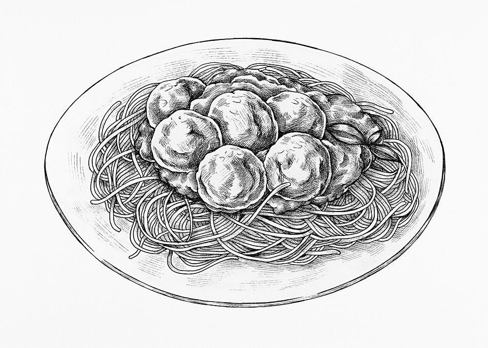 Hand drawn dish of spaghetti with meatballs