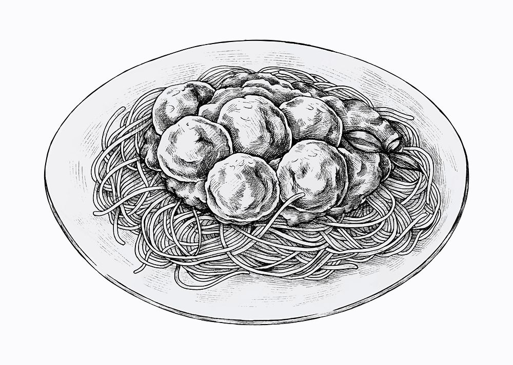 Hand drawn dish of spaghetti with meatballs vector