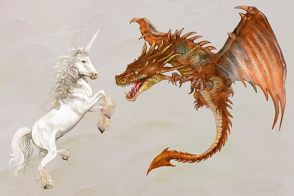 Unicorn and a dragon in action illustration
