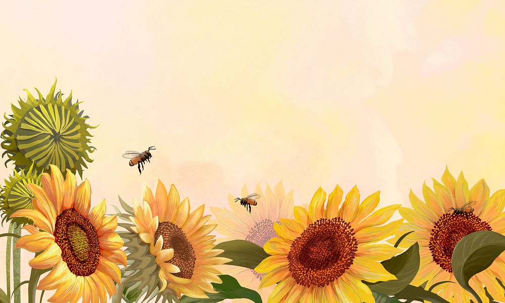 Hand drawn sunflowers on a yellow background illustration