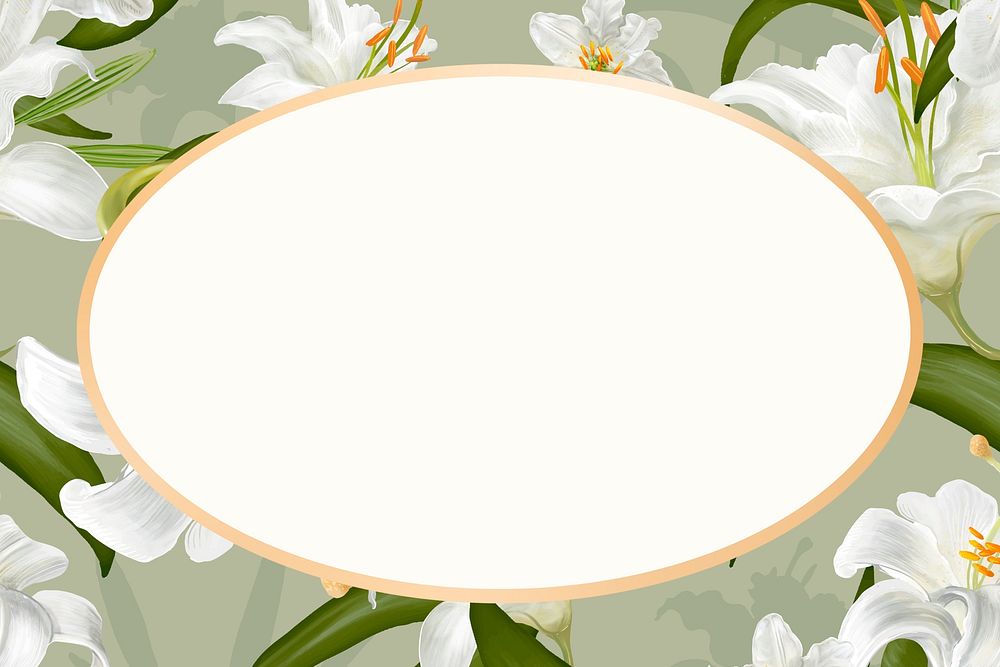 Gold oval white lily flower frame design resource