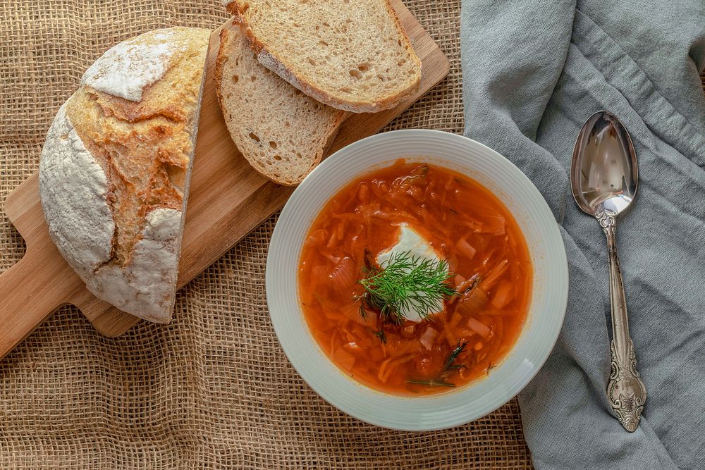 Free beet root soup Borscht with bread image, public domain food CC0 photo.