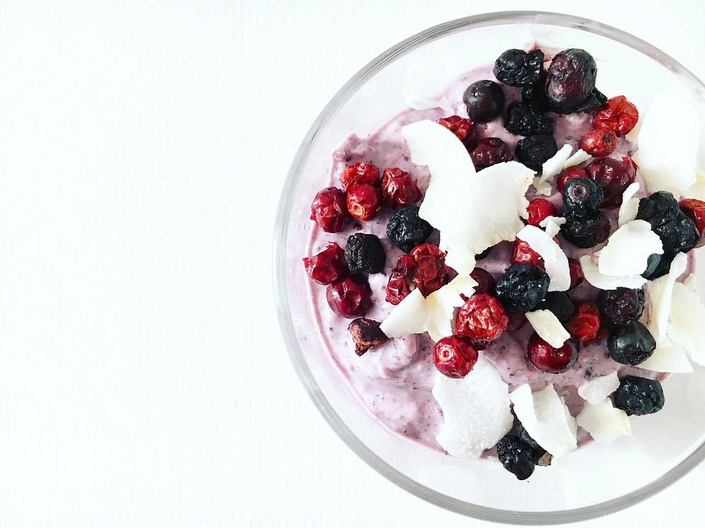 Free breakfast bowl with berries & coconut image, public domain dessert CC0 photo.