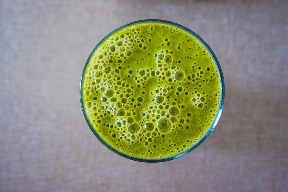 Free green smoothie top view photo, public domain beverage CC0 image.