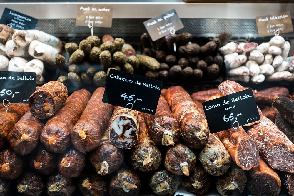 Free sausages in a store image, public domain food CC0 photo.