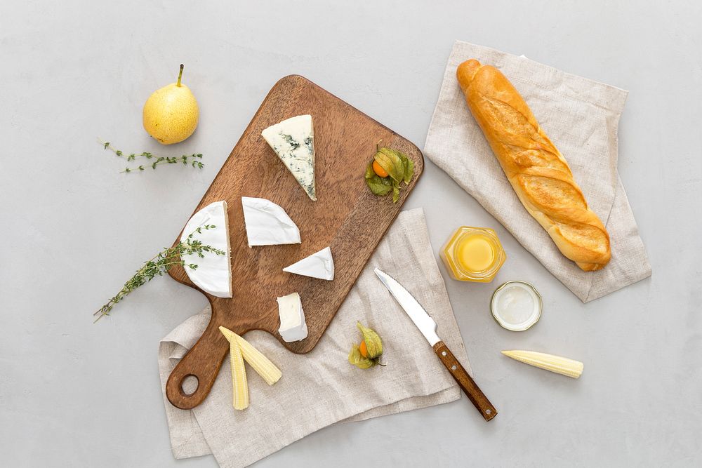 Free cheese appetizer on the board and baguette image, public domain CC0 photo.