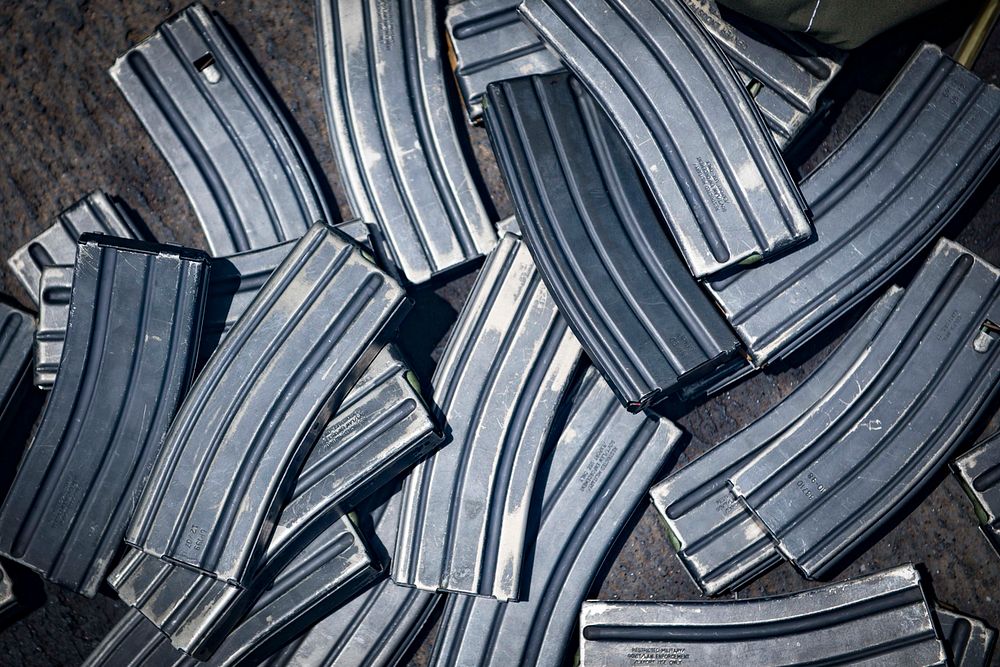 MEDITERRANEAN SEA. M4 rifle magazines lay on the deck aboard the Arleigh Burke-class guided-missile destroyer USS Porter…